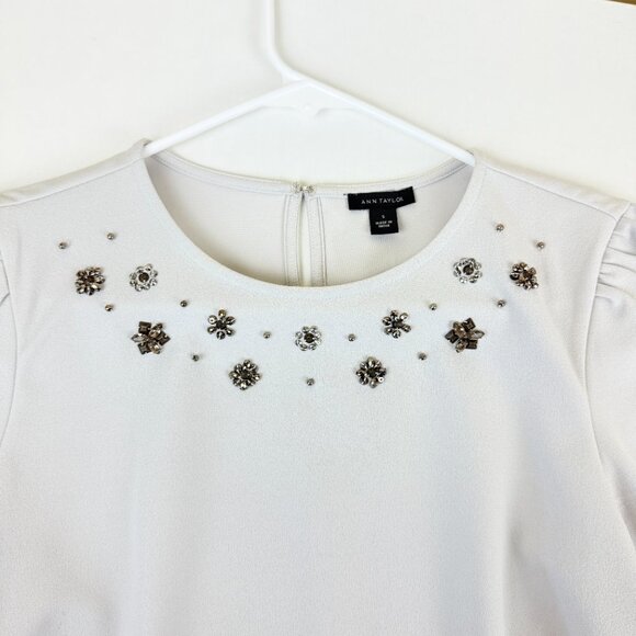 NWOT Ann Taylor Embellished Jewel-Neck Crepe Top - Picture 4 of 9